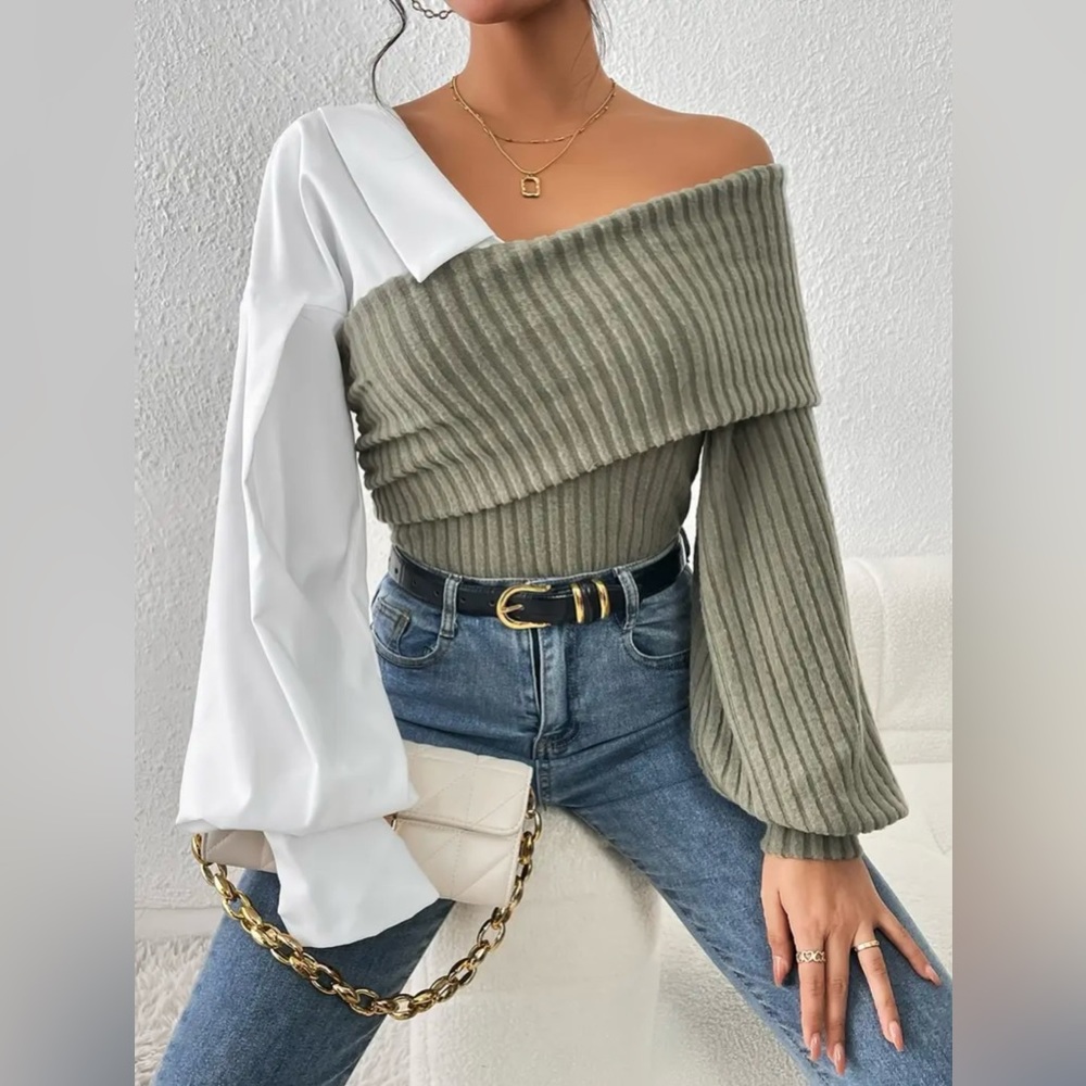 Stylish Off-Shoulder Sweater - Olive and White